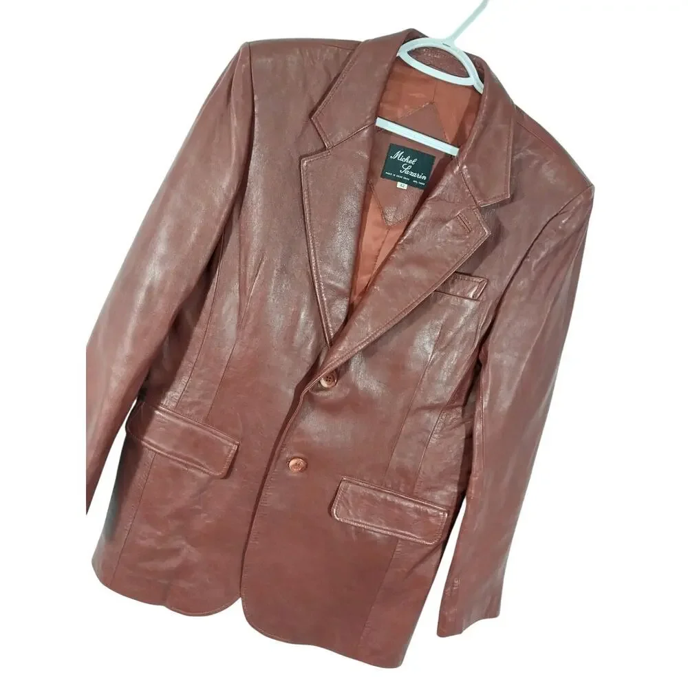 MICHEL SAZARIN! GORGEOUS BURGUNDY BROWN/RED GENUINE LEATHER JACKET BLAZER! SZ 42